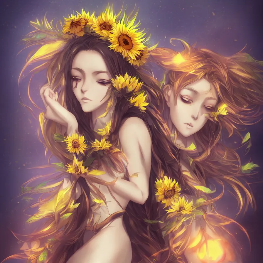 Image similar to The sunflower queen-goddess as an anime character digital illustration portrait design by Ross Tran, artgerm detailed, soft lighting