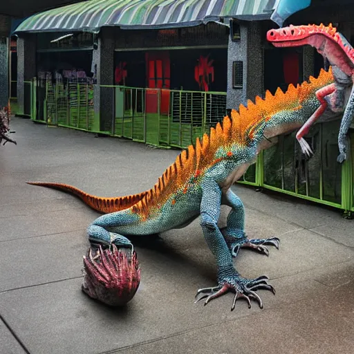 Prompt: 2 giant lizards destroying a theme park, Photograph, Horror