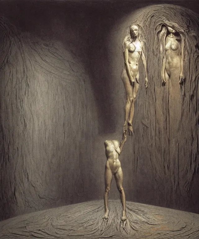 Image similar to The mirror room without doors and windows with beautiful full-body wax sculpture of a glowing transparent woman with visible golden bones inside it in the singularity where stars becoming baroque folds of dark matter by Michelangelo da Caravaggio, Nicola Samori, William Blake, Alex Grey and Beksinski, dramatic volumetric lighting, highly detailed oil painting, 8k, masterpiece