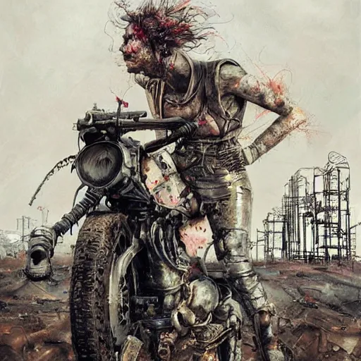 Prompt: mad max the road warrior by abandoned steelworks, grime and grunge, in the style of adrian ghenie, esao andrews, jenny saville,, surrealism, dark art by james jean, takato yamamoto