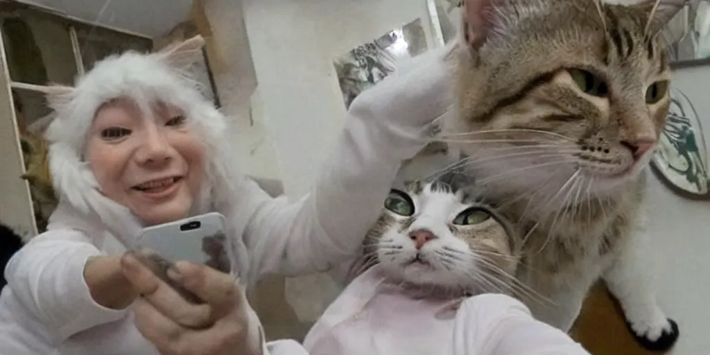Image similar to still of the cat taking a selfie from Hayayo Miyazaki's My neighbour Cat