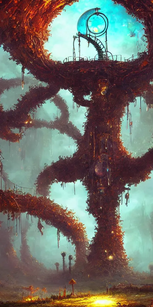 Image similar to humongous techno - tree portal on a big steampunk planet, spooky, art by pixar, smooth, beautiful art, masterpiece, artistic landscape, cinematic, wet reflections, ray tracing x, rtx, smooth