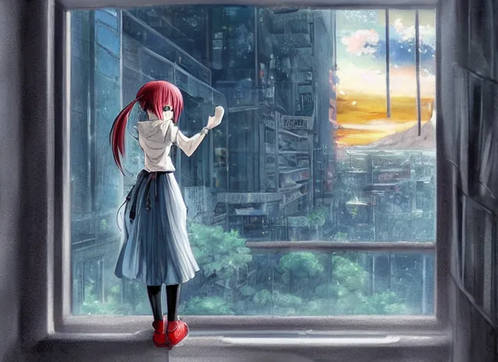 Image similar to anime girl in skirt looking out the window at megopolois and sunset, dynamic composition, motion, ultra-detailed, incredibly detailed, a lot of details, amazing fine details and brush strokes, colorful and grayish palette, smooth, HD semirealistic anime CG concept art digital painting, watercolor oil painting of Clean and detailed post-cyberpunk sci-fi close-up schoolgirl in asian city in style of cytus and deemo, blue flame, relaxing, calm and mysterious vibes,, by a Chinese artist at ArtStation, by Huang Guangjian, Fenghua Zhong, Ruan Jia, Xin Jin and Wei Chang. Realistic artwork of a Chinese videogame, gradients, gentle an harmonic grayish colors. set in half-life 2, Matrix, GITS, Blade Runner, Neotokyo Source, Syndicate(2012), dynamic composition, beautiful with eerie vibes, very inspirational, very stylish, with gradients, surrealistic, dystopia, postapocalyptic vibes, depth of field, mist, rich cinematic atmosphere, perfect digital art, mystical journey in strange world