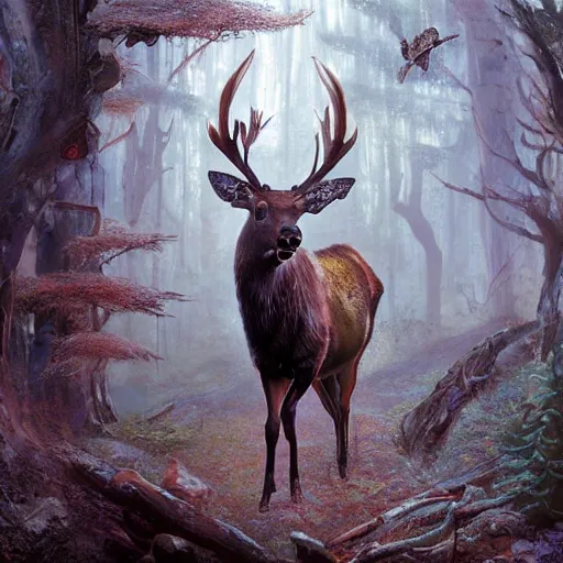 Image similar to elk in an enchanted forest, intricate design, elegant, magical, art nouveau, environment art, film still, glowing mushrooms, trails, close up, art by artgerm and greg rutkowski and ruan jia and peter polach