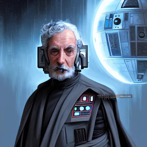 Prompt: star wars comic book style portrait painting of an old thin wispy man with a mean intelligent face, and futuristic victorian clothing, standing in front of a computer simulation, sci - fi, intricate, elegant, highly detailed, digital painting, artstation, concept art, matte, sharp focus, illustration, art by artgerm and greg rutkowski and jim burns