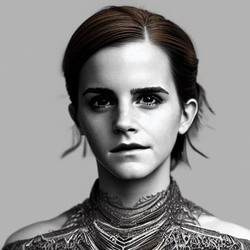 Prompt: a regal emma watson wearing an intricate and detailed armor made of ocean waves. layers. textures. delicate. elaborate. translucent. soft. ethereal. fragile. vulnerable. studio portrait. photorealistic. octane render