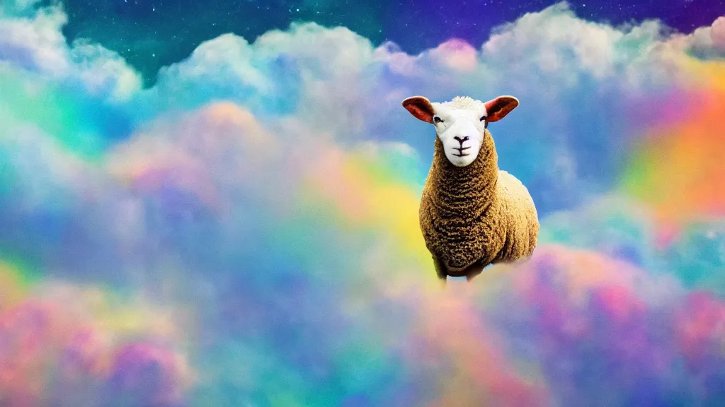 Image similar to portrait of a sheep on a colorful nebulous cloud backdrop