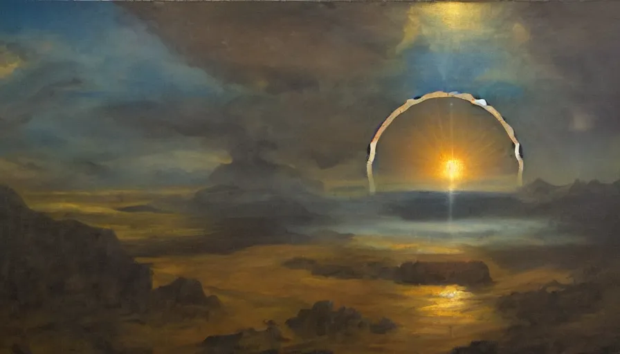 Image similar to the sun being blocked by a hexagon, earth in the foreground, oil painting