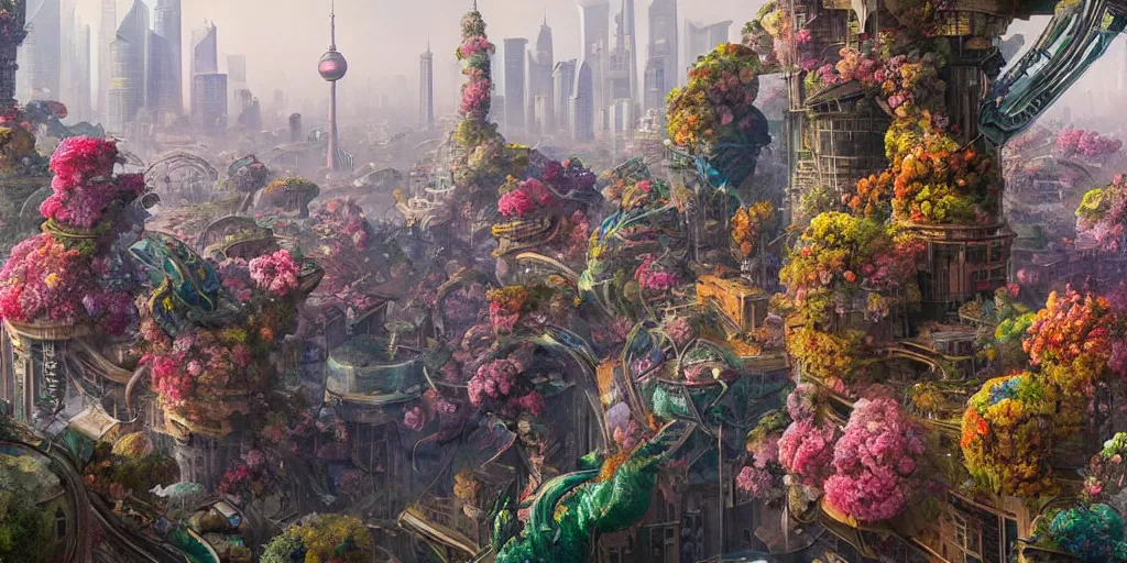 Prompt: 3 d, hyperrealism art glamorous sci - fi poster, a panoramic view of shanghai with a lot of flowers, beautiful whimsical botanical illustration, by android jones and greg rutkowski, digital matte painting, ghibli style, golden ratio