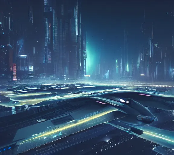 Prompt: massive futuristic sci fi jet lands at runway of cyberpunk city, night photo ,dark cinematic lighting , digital concept art