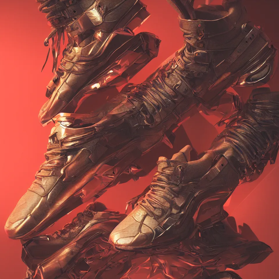 Prompt: realistic sculpture of a cyberpunk sneaker, beautiful studio lighting, soft, sharp focus, cyberpunk, intricate detail, gold and red accents, soft rubber, octane render, trending on artstation, deviantart, art by syd mead
