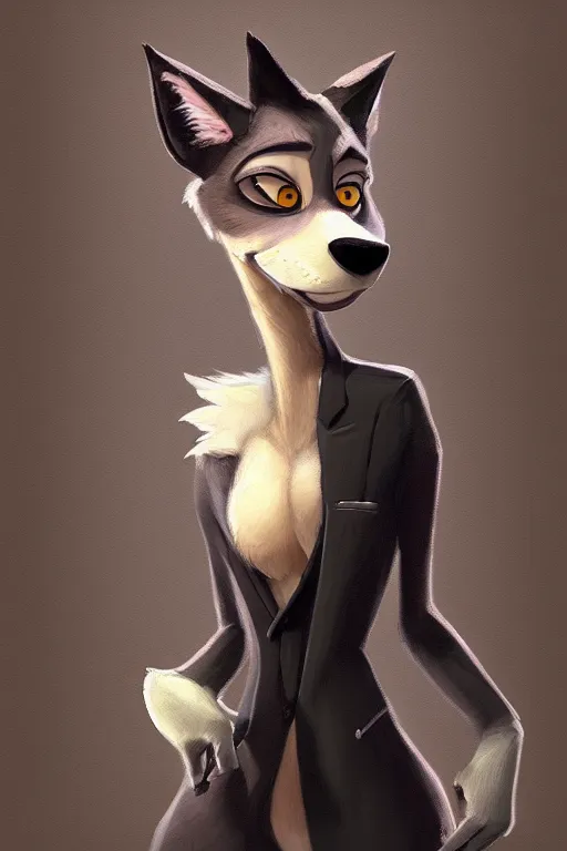 Image similar to oil painting of anthromorphic female wolf, in style of cory loftis, female fursona, furry, furaffinity, 4 k, deviantart, furry art, fursona art, wearing black business suit, business suit, in style of zootopia, wolf fursona, cyberpunk, female, very expressive detailed feminine face,