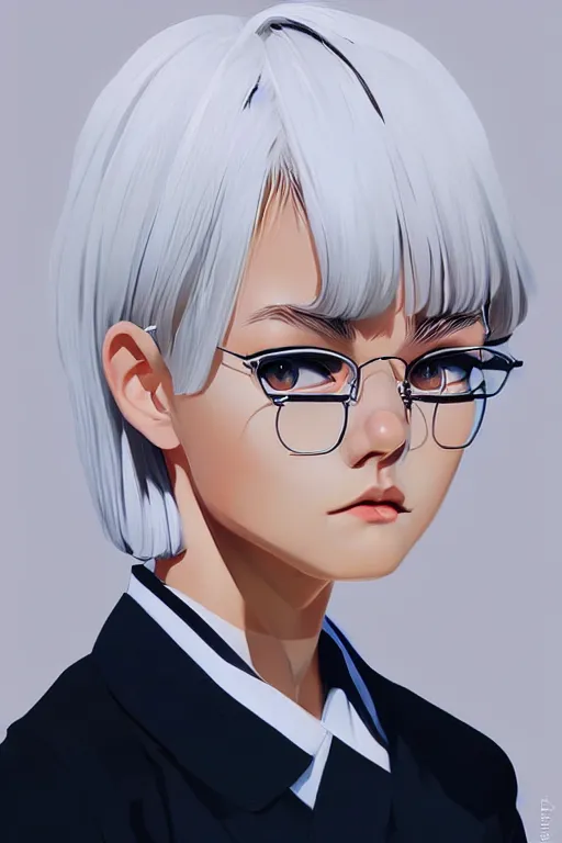 Image similar to a cute girl with cut to shoulder white hair wearing school uniform, strong brush stroke, sharp focus, illustration, morandi color scheme, art station, by ilya kuvshinov