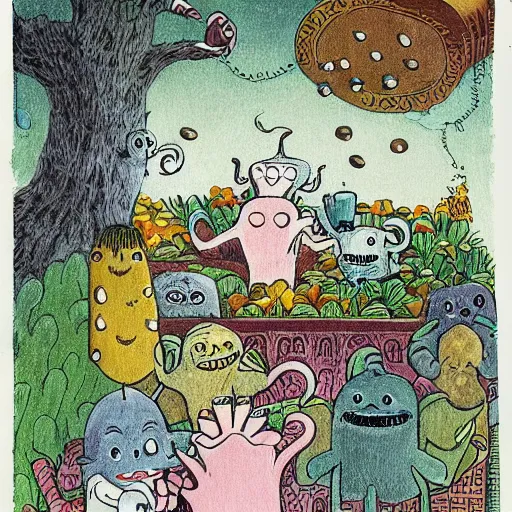 Image similar to highly detailed illustration of friendly monsters laughing and dancing around beautiful warm cups of coffee, amongst coffee beans and flowers, and rainbows in the style of Japanese illustration, Maurice Sendak, Tove Jansson