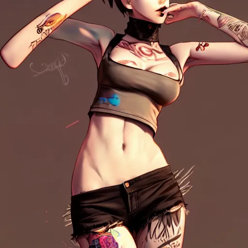 Prompt: torso shot of a beautiful punkrock woman in crop top, art by saruei and guweiz and ilya kuvshinov, digital art, highly detailed, intricate, sharp focus, trending on artstation hq, deviantart, pinterest, unreal engine 5, 4 k uhd image