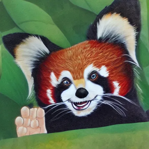 Prompt: smiling red panda waving at viewer, children's book drawing, award winning, high detail