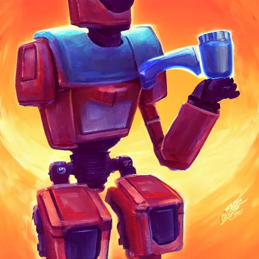 Image similar to A portrait of an orange battle robot drinking orange juice, fantasy art, clean digital art, clean background, D&D art style, dark feeling, chill feeling