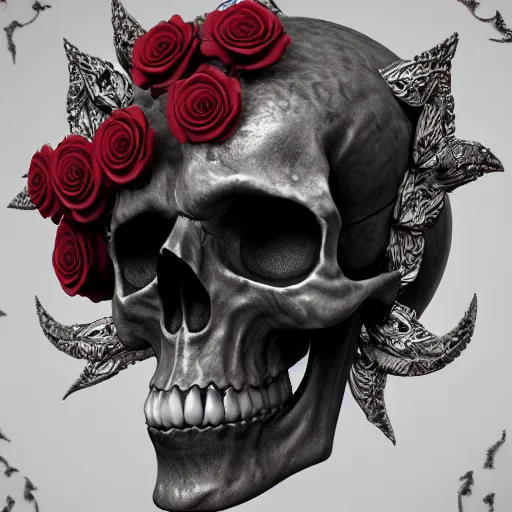 Image similar to skull and roses, ornate, intricate details, octane render, artstation