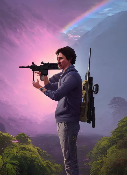 Image similar to highly detailed portrait justin trudeau in ( ( pink hoody rainbow socks ) ) holding ar - 1 5! ( setting costa rica ) in gta v stephen bliss unreal engine fantasy art by greg rutkowski loish rhads ferdinand knab makoto shinkai lois van baarle ilya kuvshinov rossdraws tom bagshaw global illumination radiant light detailed intricate environment