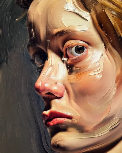 Image similar to a close up portrait a very ordinary young woman with a distracted expression, low angle, facing front, looking up, by Lucian Freud and Jenny Saville, oil painting, anatomically correct, beautiful perfect face, visible brushstrokes, sharp focus, Highly Detailed, Cinematic Lighting, 8k, HD