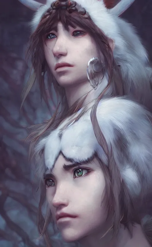 Image similar to Princess Mononoke, close up portrait by loish and WLOP, octane render, dynamic lighting, highly detailed, sharp focus, asymmetrical portrait, dark fantasy, trending on ArtStation