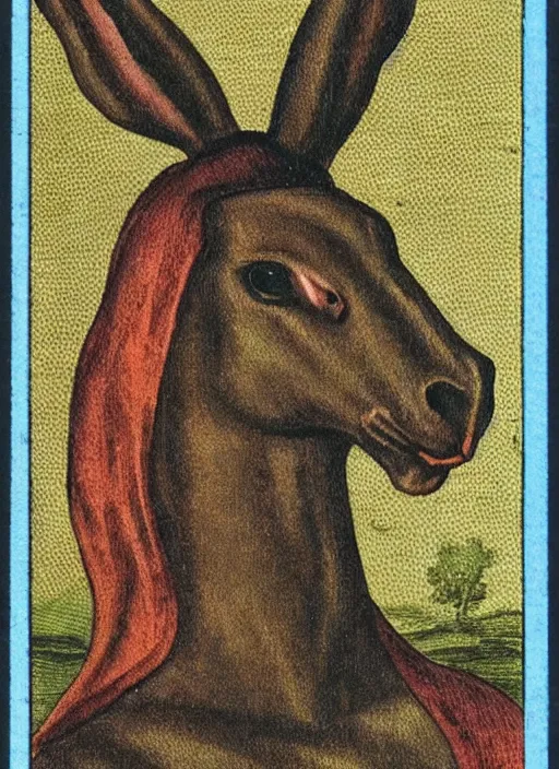Image similar to a trading card from the 1 6 0 0 s with a horse born with the head of a rabbit and the body of a rabbit