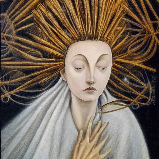 Image similar to a beautiful highly detailed painting of a woman in the style of Remedios Varo.