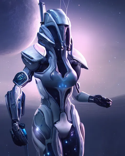 Image similar to perfect android girl on a mothership, warframe armor, beautiful face, scifi, futuristic, galaxy, nebula, raytracing, dreamy, long white hair, blue cyborg eyes, sharp focus, cinematic lighting, highly detailed, artstation, divine, by gauthier leblanc, kazuya takahashi, huifeng huang