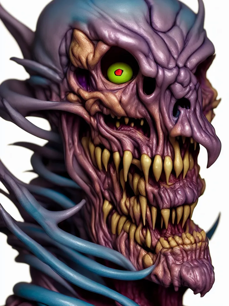 Image similar to hyperrealistic rendering, skeletor face by bernie wrightson and killian eng and joe fenton, product photography, action figure, sofubi, studio lighting, colored gels