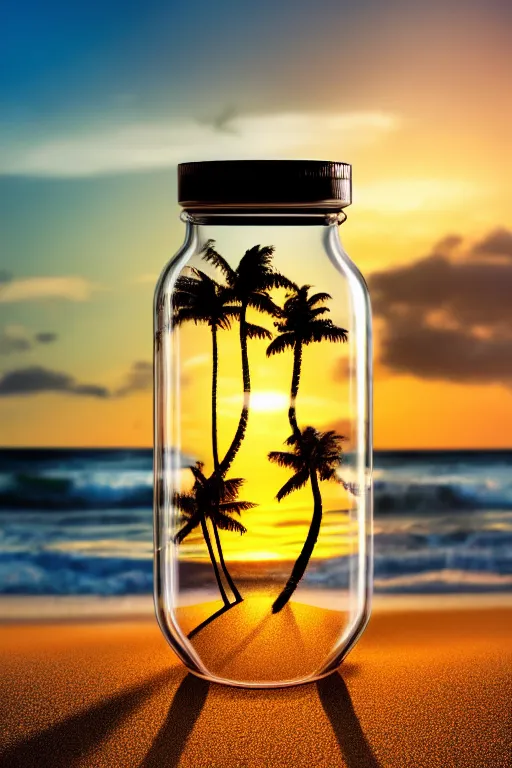 Prompt: photograph of a glass jar with a miniature tropical island inside, standing in sand on a beach. palm trees in the jar. waves in the jar. an island in the jar. quiet sunset in the background. soft golden red lighting. hyperrealistic, cgsociety, 8 k