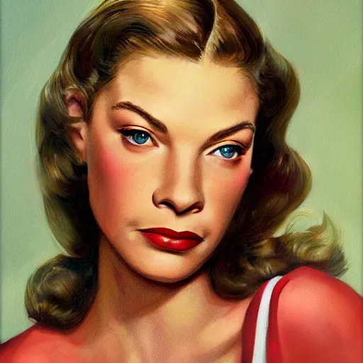 Image similar to young beautiful lauren bacall color studio publicity photo , tight face shot portrait, highly detailed, digital painting, artstation, concept art, sharp focus, illustration, art , by norman rockwell