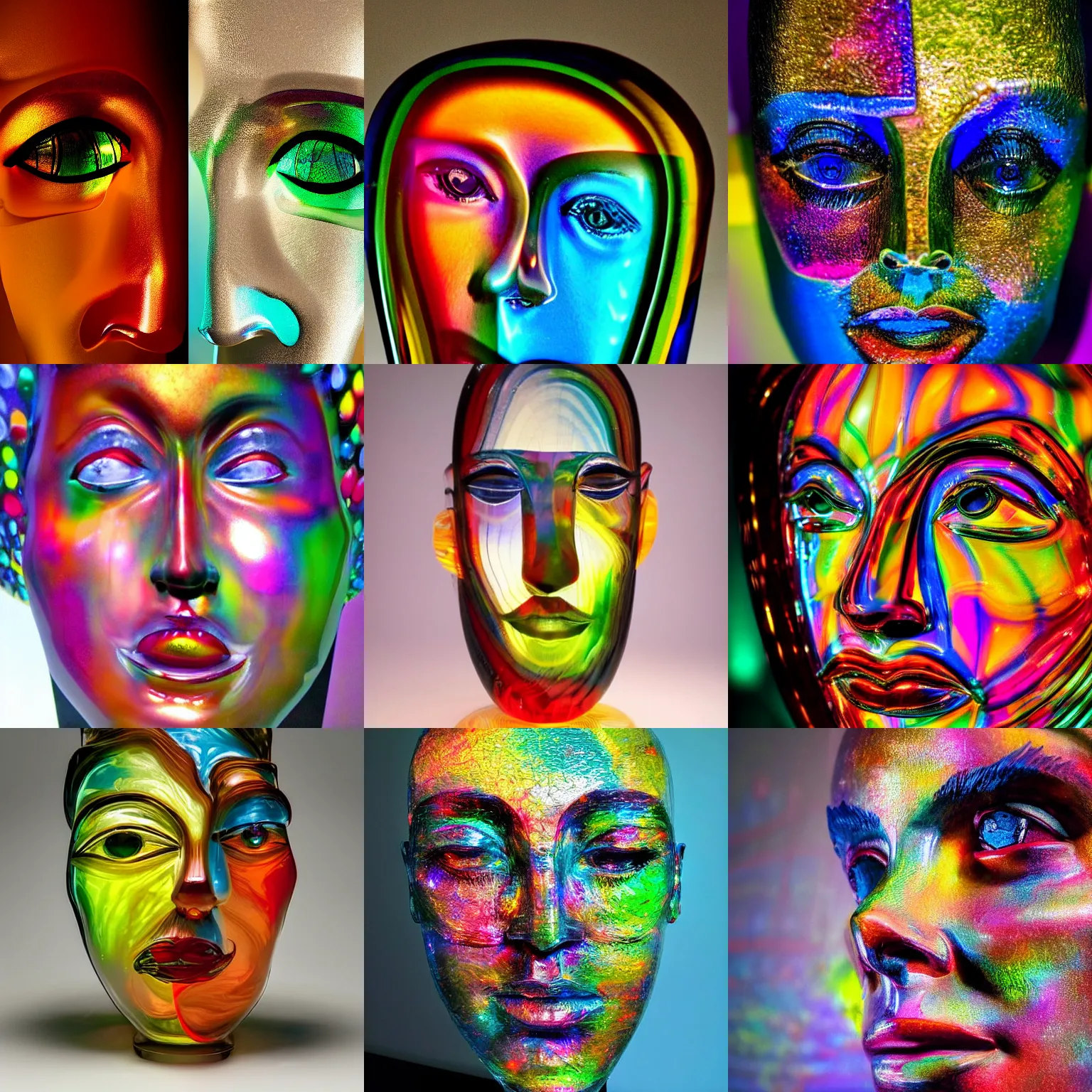 Prompt: photo of a glass sculpture of a close up of a face with lots of colors and light rays concept eclectic, very high detail