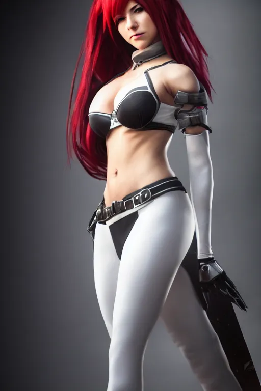 Image similar to Katarina from Overwatch, photorealistic full body, studio lighting, white ambient background, highly detailed