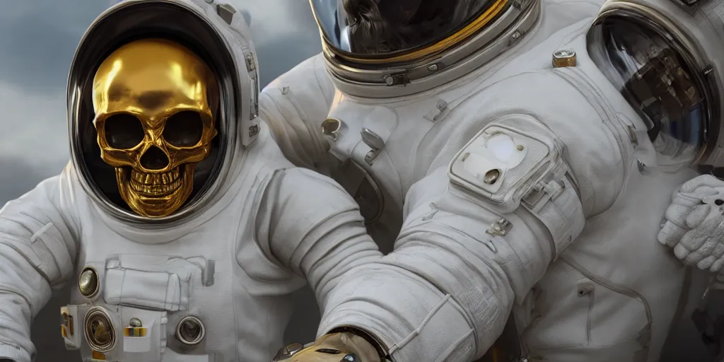 Prompt: ornate skull in astronaut suit with gold linens, cinematic lighting, dramatic, octane render, long lens, depth of field, bokeh, anamorphic lens flare, 8k, hyper detailed