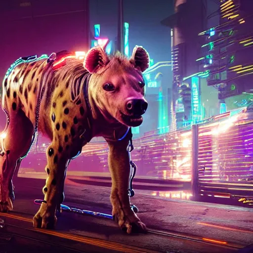 Prompt: cyborg hyena in cyberpunk 2 0 7 7, multiple wires and eyes resembling camera lenses, neon glowing lights on body, realistic, highly detailed concept art