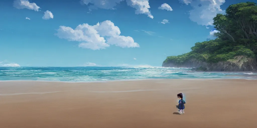 Image similar to a beach, cinematic angle, studio Ghibli, by Mokoto Shinkai, volumetric lighting, breathtaking, beautiful composition, elegant, digital art, detailed, oil painting, hyperrealistic, sharp focus, 8k