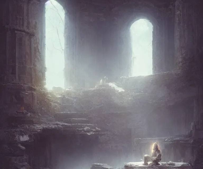Image similar to lonely wanderer sitting at lap in abandoned rustic temple, lit by the light of gods, abandoned by gods, hyperdetailed artstation cgsociety by greg rutkowski and by Gustave Dore