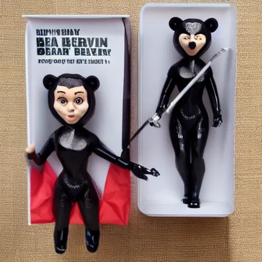 Image similar to audrey hepburn cos play bear outfit, stop motion vinyl action figure, plastic, toy, butcher billy style