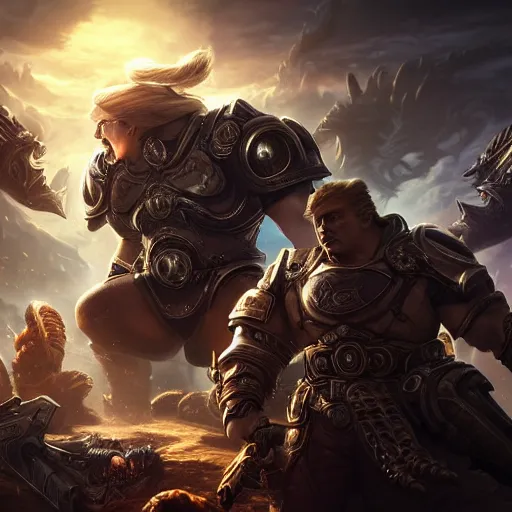 Image similar to Portrait of Trump, League of Legends amazing splashscreen artwork, Gears of War, splash art,natural light, elegant, photorealistic facial features, intricate, fantasy, detailed face, atmospheric lighting, anamorphic lens flare, cinematic lighting, league of legends splash art, hd wallpaper, ultra high details by Greg rutkowski