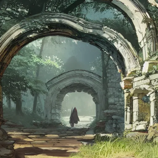Prompt: concept art painting of an ornate ancient stone archway, in the woods, trees in foreground, realistic, detailed, cel shaded, in the style of makoto shinkai and greg rutkowski and james gurney