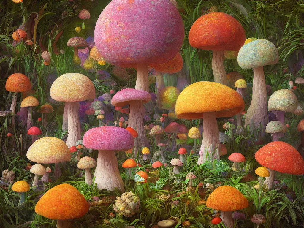 Prompt: The universe is a spheroid forest of enchanted mushrooms, 3d render, Sunlight Study, by Jan Davidsz de Heem and ((((Lisa Frank)))), Art Nouveau, 8k, extreme detail, sharp focus, octane render