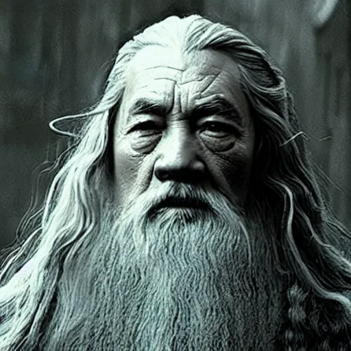 Image similar to a still from “ lord of the rings ” of a head and shoulders portrait of master tang as gandalf, photo by phil noto