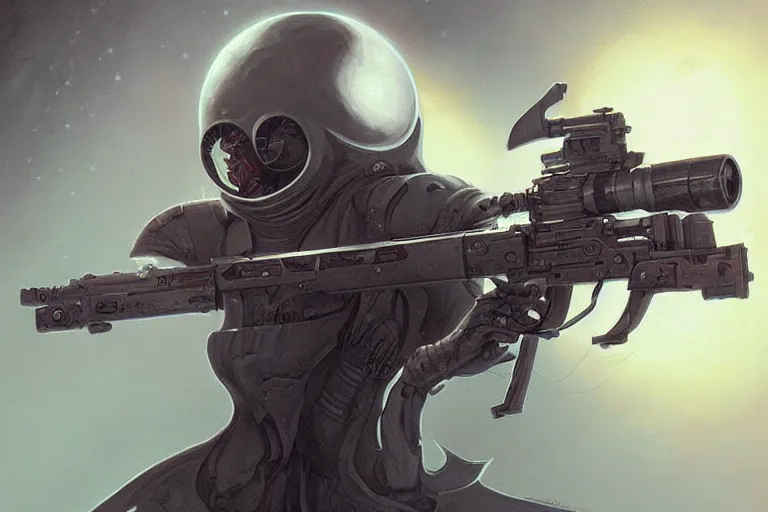 Image similar to Blackhole Rifle, unsettling, creepy, horror, Professional Illustration by ArtGerm and Peter Mohrbacher