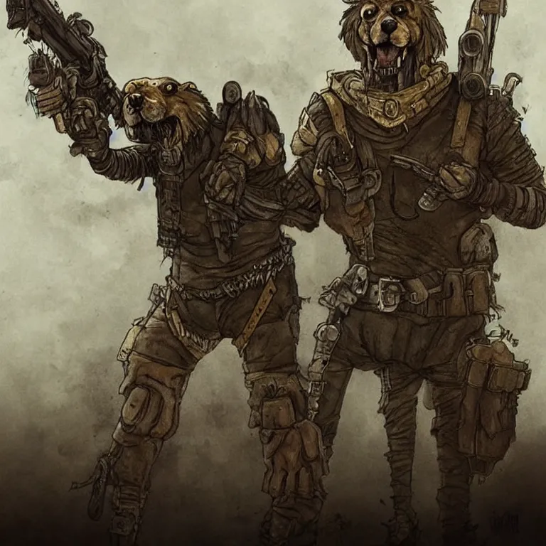 Image similar to a good ol'hound dog fursona ( from the furry fandom ), heavily armed and armored facing down armageddon in a dark and gritty version from the makers of mad max : fury road. witness me.