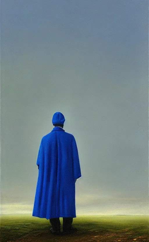 Image similar to oil painting of a blue caped man, lonely, depression, foggy background, standing in midground, blue sky, by capsar david friedrich