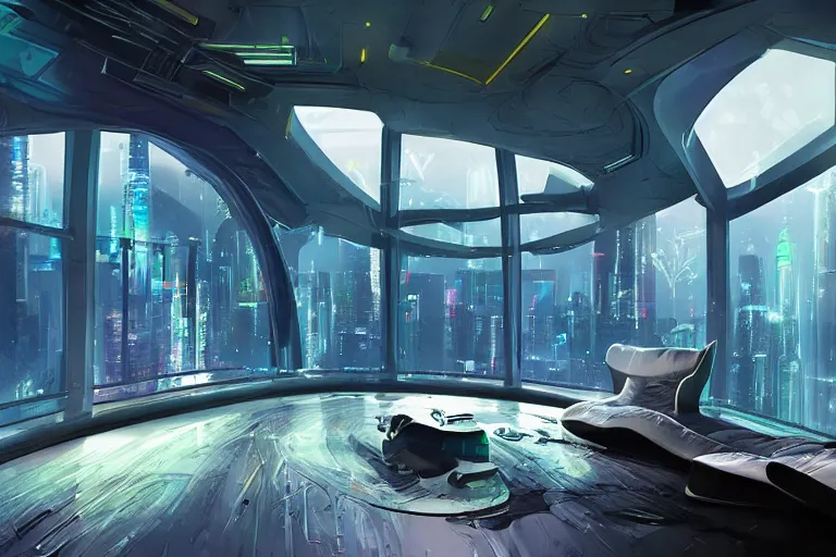 Image similar to a futuristic bedroom with large curved ceiling high windows looking out to a far future cyberpunk cityscape, cyberpunk neon lights, raining, scifi