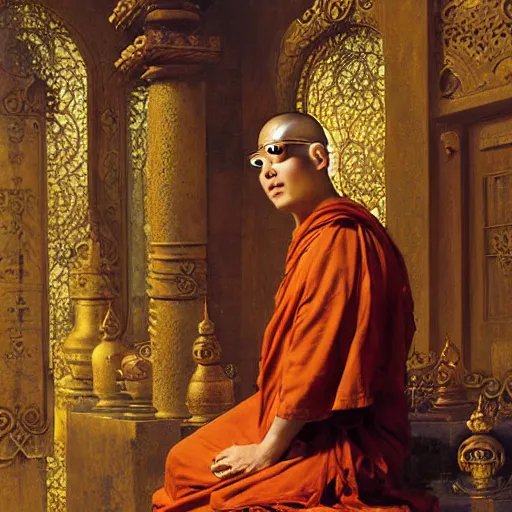 Image similar to buddhist monk blindfolded with high - teh vr steampunk headset armour baroque style, painting by gaston bussiere, craig mullins, j. c. leyendecker, lights, art by ernst haeckel, john william godward, hammershøi,