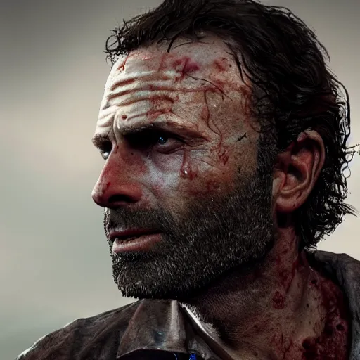 Image similar to rick grimes, the walking dead, zombies, head and shoulders shot, sharp focus, digital art, Hyper-realistic, 4K, Unreal Engine, Highly Detailed, HD, Dramatic Lighting by Brom, trending on Artstation