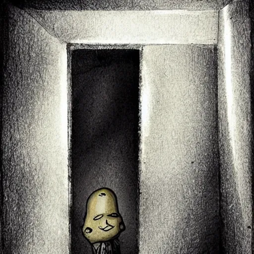 Image similar to dark attic with the man with a doll head, dark ,night, horror art