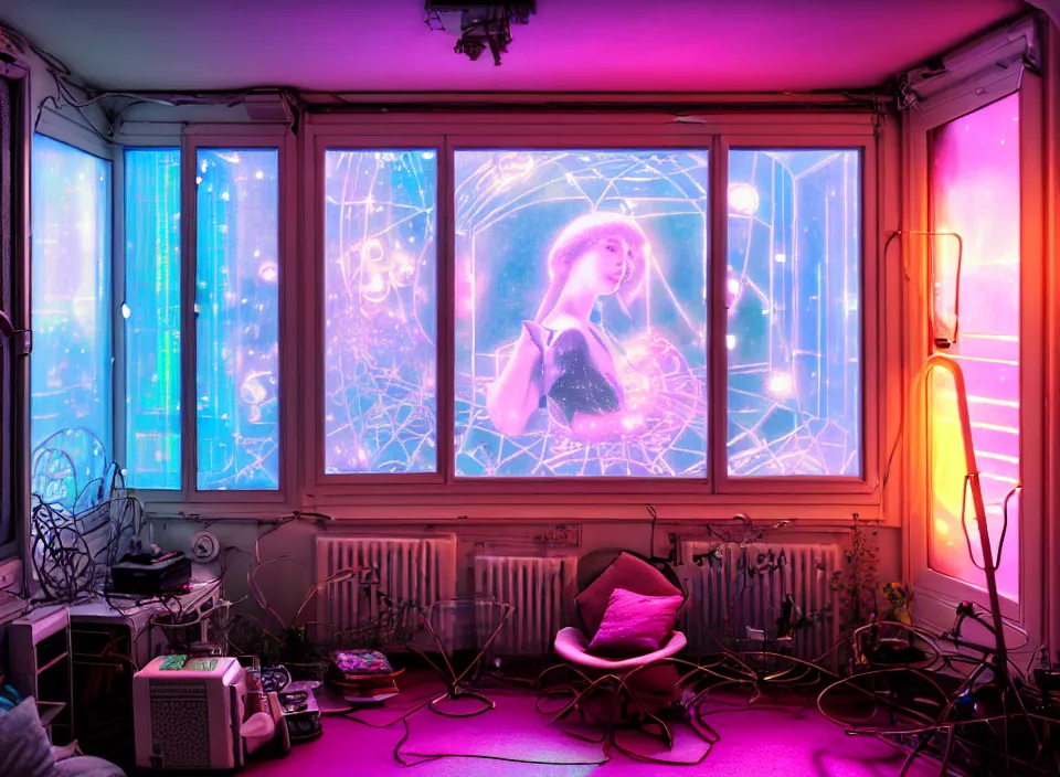 Image similar to telephoto 7 0 mm f / 2. 8 iso 2 0 0 photograph depicting the experience of dreamstate in a cosy cluttered french sci - fi ( art nouveau ) cyberpunk apartment in a pastel dreamstate art cinema style. ( iridescent terrarium, computer screens, window, leds, lamp, ( ( ( bed ) ) ) ), ambient light.